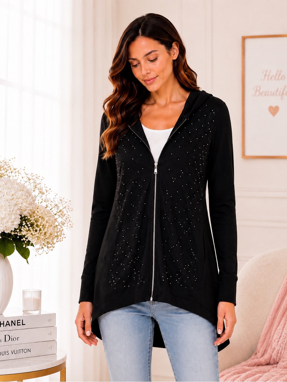 Juicy Couture Black Studded Zip-Up Tunic Hoodie High-Low Hem NWT S M L